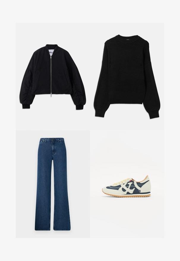 Black cropped bomber jacket with a zipper closure, long puffed sleeves, and side pockets. Made from textured fabric with ribbed cuffs.; Black sweater featuring a textured knit design, ribbed crew neckline, and oversized balloon sleeves with a smooth finish.; Blue denim flared jeans with a high waist, five-pocket design, and metal button closure. Smooth texture, casual style, and minimal stitching.; Sneaker featuring a mix of cream, navy, and suede materials, lace-up design, diagonal stitching, and a rubber sole with traction.