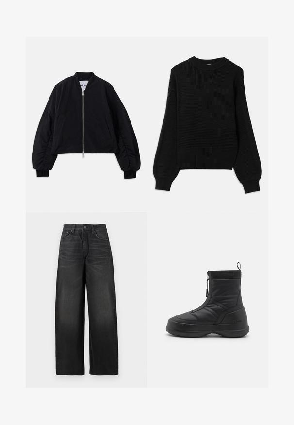 Crna skraćena bomber jakna s zatvaranjem na zip, dugim napuhanih rukavima i bočnim džepovima. Izrađena od teksturiranog materijala s rebrastim manžetama.; Crna pulover s teksturiranim pletenim dizajnom, rebrastim okruglim izrezom i prevelikim balon rukavima s glatkom završnom obradom.; Crne traperice visokog struka širokih nogavica s blagim izbljeđivanjem i malom poderanom mrljom na gornjem desnom bedru.; Crni vodootporni snježni čizmi s glatkim sintetičkim gornjim dijelom, zatvaranjem na patentni zatvarač, podstavljenim ovratnikom i teksturiranom gumenom potplatom. Osvijetljen "MOON BOOT" brandiranjem.