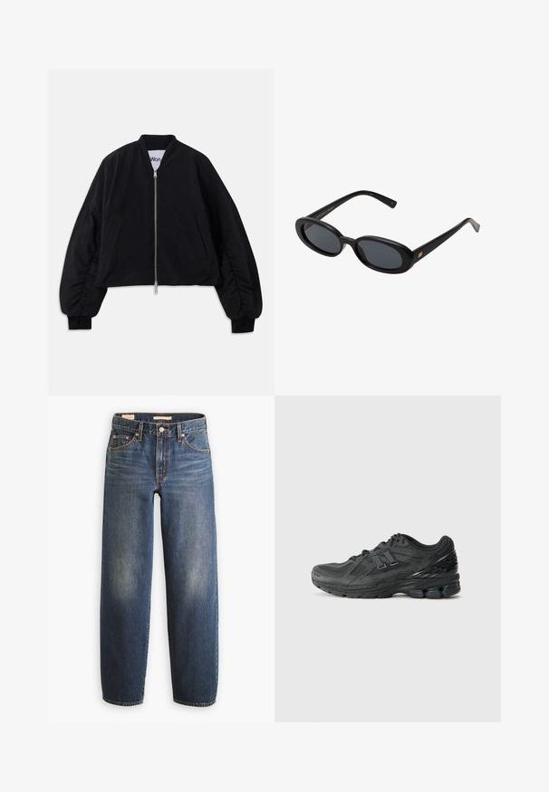 Zwart cropped bomberjack met een ritsluiting, lange pofmouwen en zijzakken. Gemaakt van een gestructureerde stof met geribbelde manchetten.; Witte lange mouwen cropped t-shirt gemaakt van katoen, met een ronde hals en één borstzak. Glad textuur met een minimalistisch design.; Blauwe recht-afgesneden jeans met voorzakken, koperen klinknagels en zichtbare stiksels, weergegeven tegen een witte achtergrond.; Zwarte hardloopschoenen met een bovenwerk van mesh, een gevoerde kraag, synthetische accenten en een gestructureerde zool met zichtbare dempingselementen.; Zwarte oversized zonnebril met ovale lenzen, een glad plastic montuur en gouden accenten op de pootjes. Donkere lenzen bieden bescherming tegen de zon.; Still Nordic STILLBASIC SHOPPER - Shopper - black