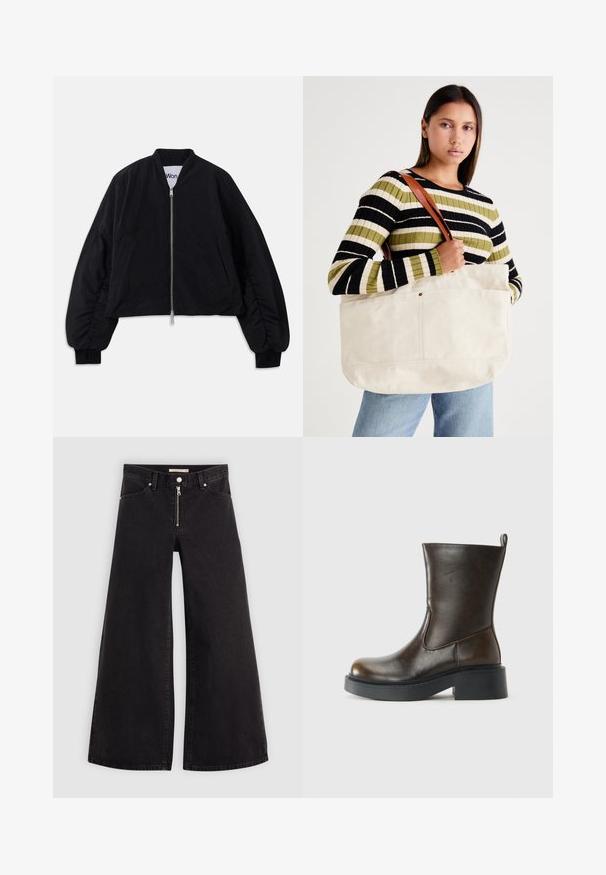 Musthave mustat lühikesed bomberjakk, millel on tõmblukk, pikad puhväravad ja küljetaskud. Valmistatud tekstuursest kangast ribaga mansettide jaotustega.; Must mustaga T-särk lühikeste käistega, millel on käe graafika ja valge tekst "Levi's LA LUNE" vasakul rinna piirkonnas.; Laiad teksad mustast denimist, millel on lukuga eesmine osa, viie taskuga disain ja peened õmblusdetailid. Sile tekstuur ja juhuslik stiil.; Tumed pruun keskpäka nahast saabas, millel on ümar varvas, paks must talla, madal plokk talle ja tõmmits taga.; Suur beežist kangast kott pruunide nahkrihmadega, millel on minimaalne disain ja nähtavad õmblusaktsendid.