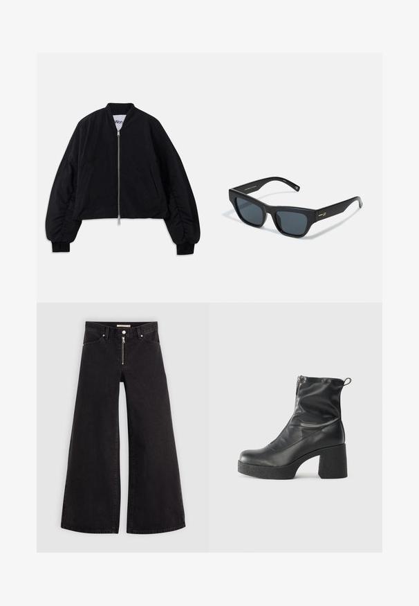 Musta lyhyt bomber-takki, jossa on vetoketjusuljenta, pitkät puffattut hihat ja sivutaskut. Valmistettu teksturoidusta kankaasta, jossa on resorit hihansuissa.; Musta puuvillapaita lyhyillä hihoilla, jossa on pieni vaaleanpunainen perhosgrafiikka vasemmassa rinnassa. Pyöreä kaula-aukko ja rento istuvuus.; Mustat leveälahkeiset farkut, joissa on vetoketjufrunti, viisi-taskuinen muotoilu ja hienovaraiset ompelusyyt. Sileä pinta ja rento tyyli.; Mustat nilkkurit, jotka on valmistettu sileästä nahasta. Niissä on sivuvetoketju, paksu teksturoitu korko ja pyöristetty kärki.; Mustat suorakaiteen muotoiset aurinkolasit, joissa on harmaat linssit, paksu muovikehys ja kultainen yksityiskohta templeissä. Mattapintainen viimeistely, jossa on sileä rakenne.