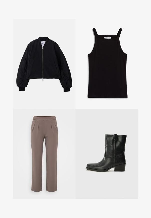 Sort cropped bomberjakke med lynlås, lange puffedeærmer og sidelommer. Fremstillet af tekstureret stof med ribbede manchetter.; Sort tanktop med tynde spaghetti-stropper, lavet af et ribbet stof, med en lige skæring og et mærke ved halsudskæringen, der står "IVY OAK."; Taupe løs-fit bukser med elastisk talje og frontfald, lavet af glat stof.; Sort læder ankelstøvle med rundt tå, blokhæl, lynlås i siden og stikninger på vampsiden. Glat tekstur, klassisk design.