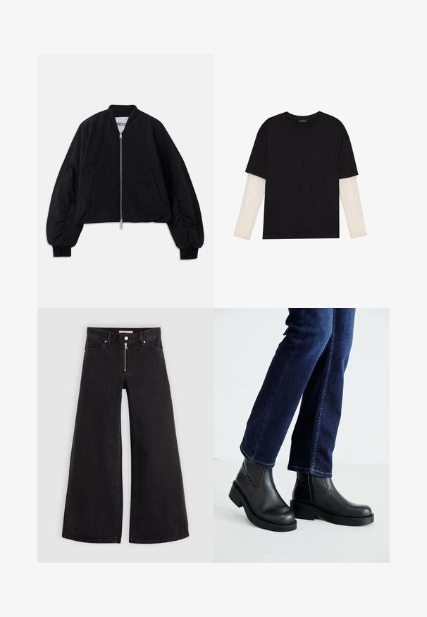 Sort cropped bomberjakke med lynlås, lange puffedeærmer og sidelommer. Fremstillet af tekstureret stof med ribbede manchetter.; Sort T-shirt lavet af bomuld, med korte ærmer over et hvidt langærmet lag med et subtilt tekstureret mønster. Design med rund hals.; Vide ben jeans i sort denim med lynlås foran, fem lomme-design og subtile stikninger. Glat tekstur og afslappet stil.; Sorte læder ankelstøvler med en kraftig sål og elastiske sider, parret med mørkeblå jeans. Gulvet er lysfarvet.