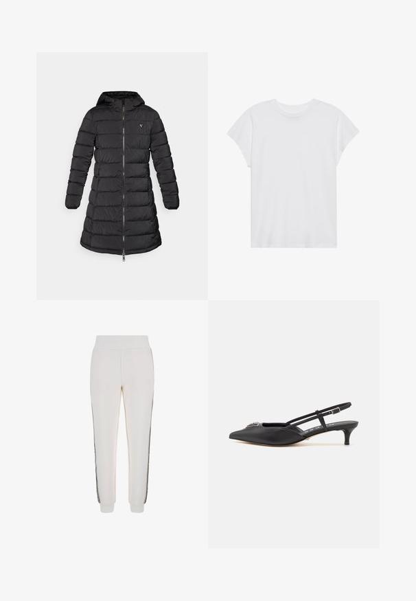 Svart boblejakke med midtlengde design. Har hette, horisontalt quiltet mønster og frontglidelås. Inkluderer en liten logo på brystet.; Hvit t-skjorte med korte ermer og rund hals, avslappet passform, laget av myk bomull. Glatt tekstur, uten mønstre eller logoer.; Hvite joggebukser laget av myk stoff, med ribbestrikket midje og svarte sidestriper med logo detaljer foran.; Sorte slingback-sko med spiss tå, laget av glatt materiale, med en liten hæl og en dekorativ sølvdetalj på stroppen.