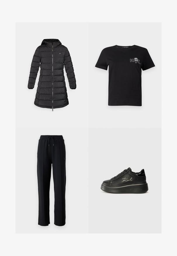 Crni zimski kaput s srednjom dužinom. Ima kapuljaču, horizontalni kvadratni uzorak i prednji zip. Uključuje mali logo na prsima.; Crna majica kratkih rukava od pamuka. Ima bijelu grafiku s natpisom "KARL" i stiliziranom figurom na prsima. Okrugli izrez.; Crne trenirke s opuštenim krojem, elastičnim pojasom, podesivom vezicom i vertikalnim šavovima duž nogu. Mekani materijal.; Crne platforme tenisice s glatkim kožnim gornjim dijelom, ravnim vezicama i vezom "Karl" na strani. Zaobljen prst i debela potplat.