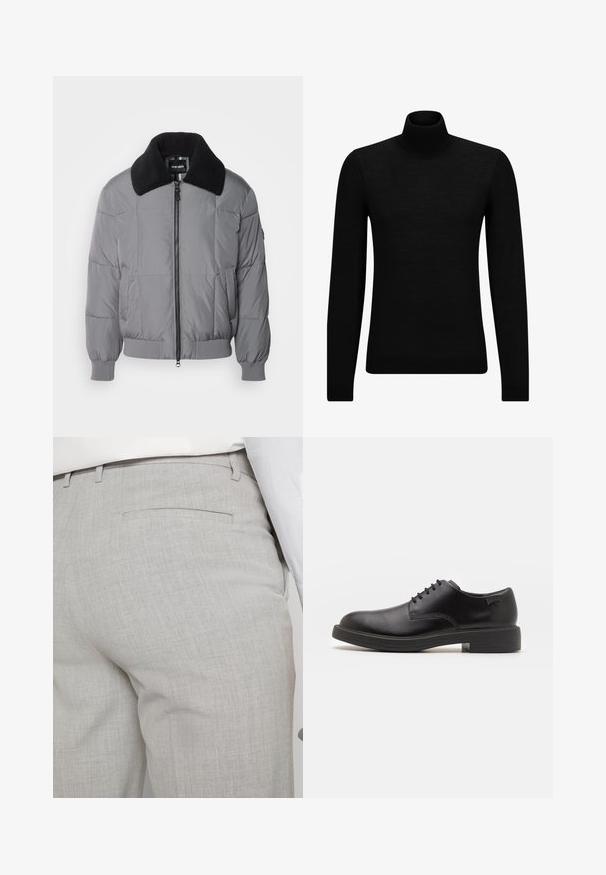 Veste en duvet grise avec un col noir texturé. Comprend une fermeture éclair à l'avant, des poignets côtelés et des poches latérales. Design matelassé sur toute la surface.; Pull à col roulé noir en matériau doux, avec des manches longues et une coupe ajustée. Finition côtelée au bas et aux poignets. Design simple.; Pantalon gris clair sur mesure en tissu texturé, avec une seule poche arrière et des coutures nettes.; Chaussure noire en cuir à lacets avec un embout arrondi, texture lisse, piqures minimales et un petit talon en caoutchouc. Logo sur le talon.