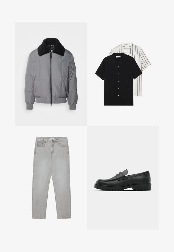 Veste en duvet grise avec un col noir texturé. Comprend une fermeture éclair à l'avant, des poignets côtelés et des poches latérales. Design matelassé sur toute la surface.; Deux chemises à manches courtes : l'une noire unie, l'autre blanche avec des rayures verticales noires. Les deux ont des boutons et un col classique.; Pantalon en denim gris clair avec une coupe droite, cinq poches et une fermeture à bouton. Coutures visibles le long des coutures.; Mocassins en cuir noir à bout arrondi, avec un design cousu, une semelle plateforme basse et une semelle en caoutchouc texturée et crantée.