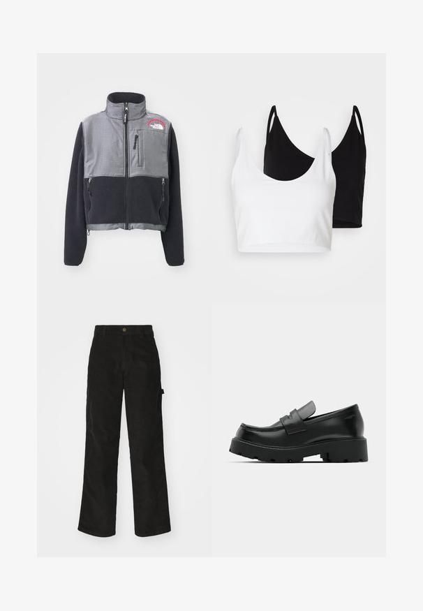 The North Face W RETRO DENALI JACKET - Fleecejas - black/moonstone grey; Twee katoenen crop tops in wit en zwart. Elke top heeft een diepe halslijn en dunne schouderbandjes, met een gladde, zachte textuur.; Zwarte corduroy broek met een recht-pijpen ontwerp, voorzien van een knoopsluiting en zijzak. Gladde textuur met fijne verticale strepen.; Zwarte leren instappers met een chunky, gestructureerde zool, voorzien van een band over de voet en een gladde, gepolijste afwerking.