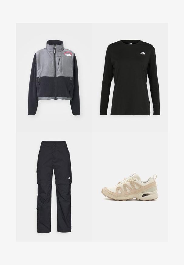 The North Face W RETRO DENALI JACKET - Fleece jacket - black/moonstone grey; Black long-sleeve t-shirt made of cotton with a round neck. Features a small white logo on the left chest area. Simple design and fit.; Black nylon zip-off cargo trousers with adjustable cuffs, multiple pockets, and a logo on the right leg. Smooth, lightweight texture.; Beige and cream athletic shoe with textured mesh upper, supportive overlays, and rubber outsole featuring a tread pattern for traction.