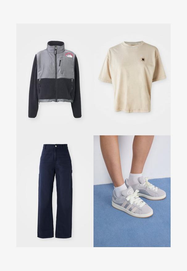 The North Face DENALI czarny; Beżowa bawełniana koszulka z luźnym krojem, okrągłym dekoltem, krótkimi rękawami i małą kwadratową naszywką z logo na lewej stronie klatki piersiowej.; Granatowe szerokie spodnie cargo z mocnej bawełnianej tkaniny, z kieszeniami po bokach i zapięciem na guzik w pasie.; Szare zamszowe sneakersy z białymi sznurówkami i gumową podeszwą, z trzema ukośnymi paskami po boku oraz naszywką z logo na języku.