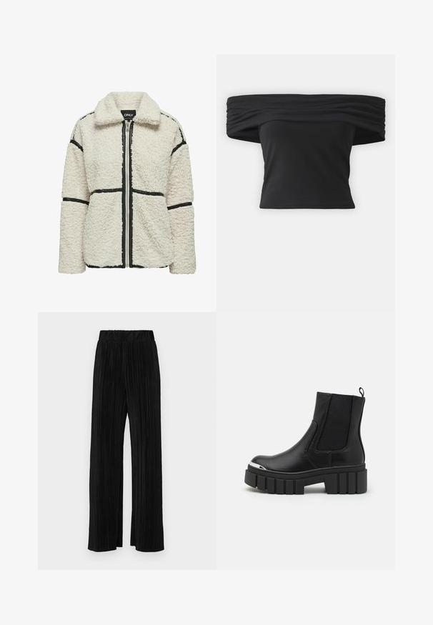 ONLY Fliisjakk - white sand; Mustikam ja õlavarrelt avatud pluus, millel on kortsunud tekstuur kaelaäärtes, lühikesed varrukad ja käänuline lühike disain. Valmistatud paindlikust materjalist.; Mustad pleekitud püksid elastse vöökohtaga. Omavad laiad jalad ja sujuvat, tekstureeritud kangast vertikaalsete triipudega.; Mustad mustad kingad sileda nahaga, elastsete paneelidega, paksu platvormi tallaga ja metallist varbaga.