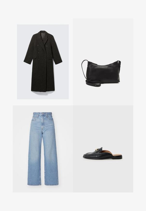 Abrigo de doble botonadura en tweed de espiga oscuro, con solapa muesca, dos bolsillos frontales y mangas largas.; Suéter negro de punto de manga corta con un escote redondo y un dobladillo acanalado. Textura suave con un ajuste relajado. Diseño minimalista.; Jeans de tiro alto y pernera ancha en azul claro, con cierre frontal de botón y cremallera, y bolsillos delantero y trasero, sobre un fondo blanco.; Zapato negro de cuero tipo slip-on con punta redonda, acento de hardware dorado y suela plana. Interior forrado con cuero marrón claro para mayor comodidad.; Bolso de hombro de cuero negro con una textura suave, forma curvada, correa ajustable y cierre con cremallera. Diseño minimalista sin adornos.
