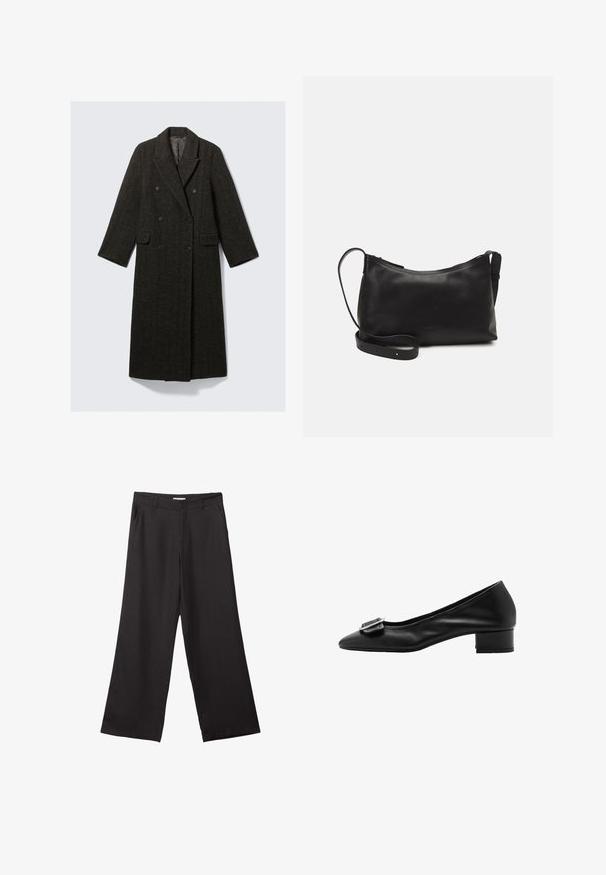 Cappotto doppiopetto in tweed a spina di pesce scura, con colletto a rever, due tasche frontali e maniche lunghe.; Maglione marrone a maglia con colletto alto, maniche lunghe e una cintura in abbinamento. Texture morbida e vestibilità rilassata.; Pantaloni neri a gamba larga realizzati in tessuto liscio, con zip frontale e due tasche laterali, dal taglio sartoriale e design minimalista.; Pumps in pelle nera con punta affusolata, tacco basso a blocco e dettaglio decorativo con fibbia sul davanti. Texture liscia e design semplice.; Borsa a spalla in pelle nera con una texture liscia, forma curva, tracolla regolabile e chiusura con zip. Design minimalista senza ornamenti.