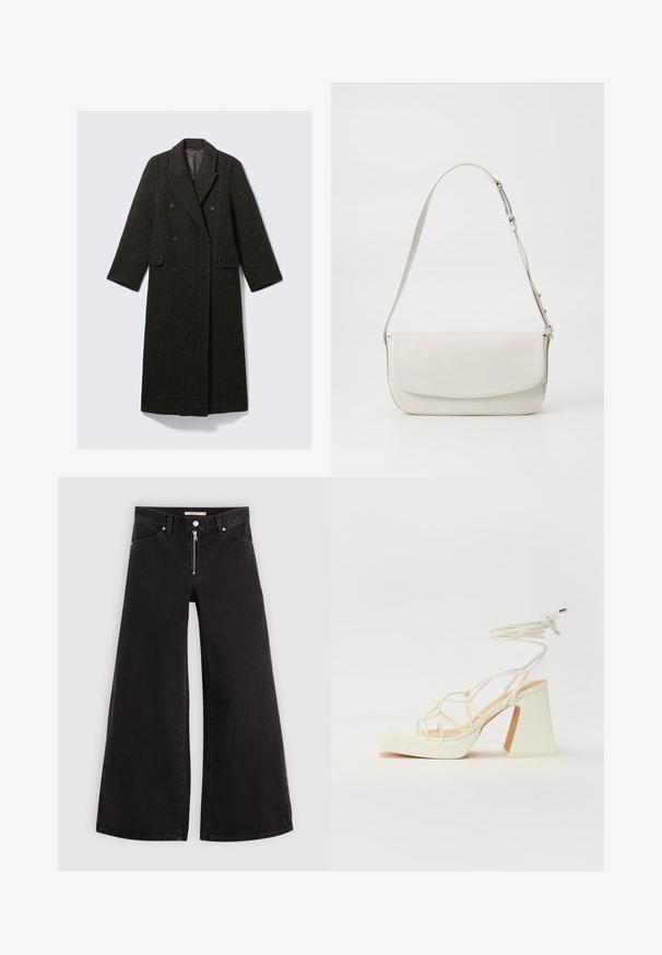 Dubbel gevoerde jas van donker herringbone-tweed, met een opstaande kraag, twee zijzakken en lange mouwen.; Navyblauwe gebreide trui met een ribbelstructuur, ronde hals, ingezette schouders en een cropped zoom. Zachte stof met lange mouwen.; Wijdvallende jeans van zwarte denim met een ritssluiting aan de voorkant, vijf zakken en subtiele stikdetails. Soepele textuur en casual stijl.; Witte hoge hakken sandaal met een chunky hak, met een bandjesontwerp en enkelband. Gladde textuur met een plateau voor extra hoogte.; Witte leren schoudertas met een gladde afwerking, rechthoekige vorm, klepafsluiting en een verstelbare riem. Eenvoudige stikseldetails.