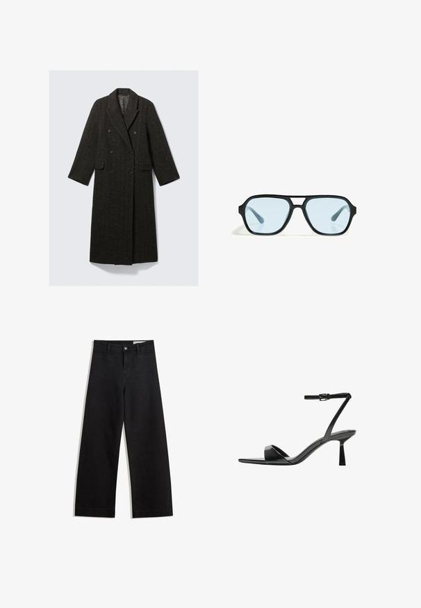 Palton cu dublă închidere din tweed în carouri întunecate, cu guler cu urechi, două buzunare frontale și mâneci lungi.; Cămașă albă cu mâneci lungi, cu un guler clasic, tiv curbat și accente de nasturi pe mâneci. Fabricată dintr-un material fin.; Pantaloni din denim negri cu picioare largi, cu talie înaltă, având buzunare frontale și posterioare, cusături dublate și închidere cu nasture. Textură netedă.; Bershka Sandale cu toc - black; Ochelari de soare negri cu rame rectangulare, lentile cu nuanță albastră și un design distinctiv al punții. Finisaj elegant, textură subtilă.
