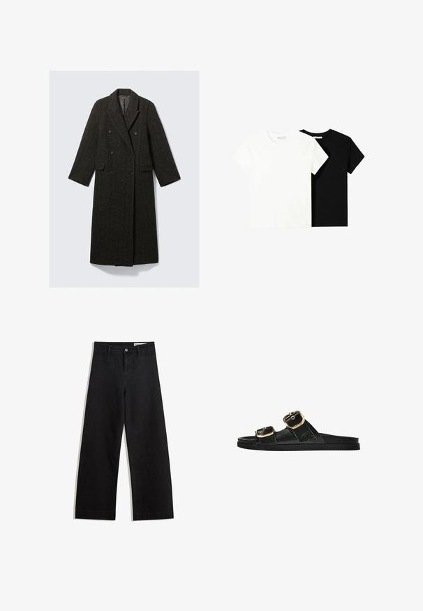 Dobbeltbrystet frakke i mørk hørfugletweed med en klippet krave, to forlommer og lange ærmer.; To korte ærmel t-shirts, en hvid og en sort, lavet af bomuld. Begge har en rund halsudskæring og et enkelt, klassisk design.; Sorte wide-leg denim bukser med høj talje, der har front- og baglommer, syede sømme og en knaplukning. Glat tekstur.; Sort skridsandal med to guldspænder, glat tekstureret materiale, flad sål og et minimalistisk design.