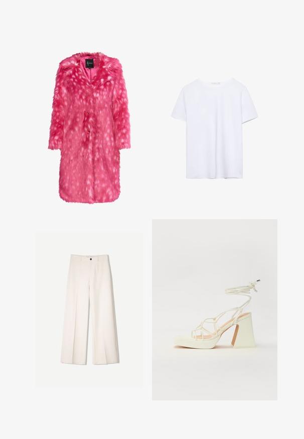 Krzno od umjetnog krzna u svijetlo ružičastoj boji s mekom teksturom, s raspršenim bijelim točkama, ovratnikom i kopčama na gumbe. Opusti kroj i do koljena.; Jednostavna bijela majica kratkih rukava s okruglim izrezom i ravnim rubom, prikazana na bijeloj pozadini.; Kreme hlače širokih nogavica s krojem koji je prilagođen, s dva prednja džepa i jednim prednjim zatvaranjem na gumb, izrađene od glatkog materijala.; Bijela sandala na visokoj potpetici s debelim petom, s remenom i vezanjem oko gležnja. Glatka tekstura s platformom sprijeda za dodatnu visinu.
