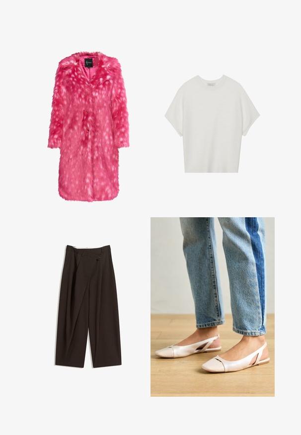 Faux-Fur-Mantel in leuchtendem Pink mit weicher Textur, versehen mit verstreuten weißen Punkten, einem Kragen und Knopfverschlüssen. Lockere Passform und knielang.; Weißes T-Shirt mit kurzen Ärmeln, weitem Rundhalsausschnitt und strukturiertem Rippenmuster, aus weichem Stoff, mit legerer Passform und einem klaren Design.; Dunkelbraune, weite Hosen mit hohem Bund, die über einen einzigen Knopfverschluss und eine gefaltete Vorderseite verfügen. Hergestellt aus leichtem Stoff.; Blassrosa Slingback-Ballerinas mit spitzem Punkt, aus einem glatten, lederähnlichen Material. Mit Ausschnitten an den Seiten und einem flachen Absatz.