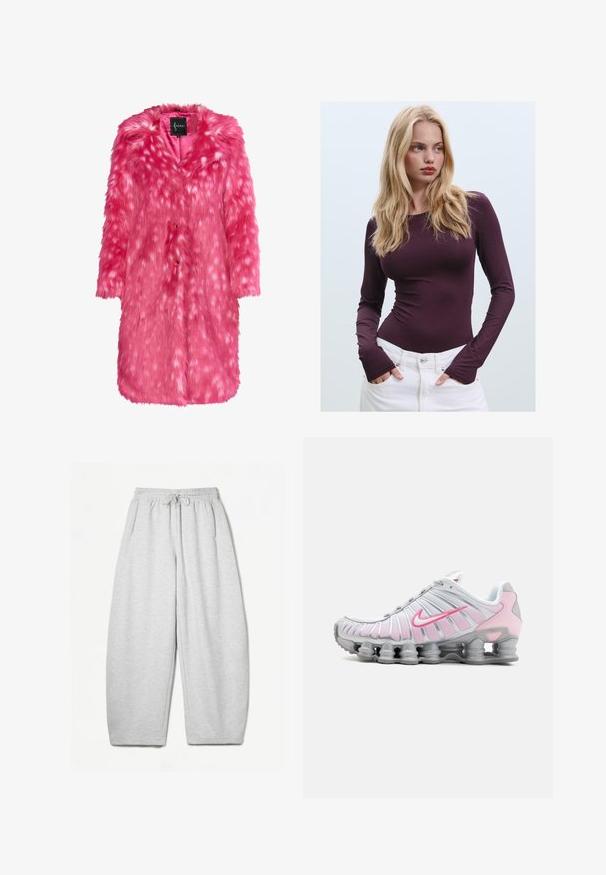Krzno od umjetnog krzna u svijetlo ružičastoj boji s mekom teksturom, s raspršenim bijelim točkama, ovratnikom i kopčama na gumbe. Opusti kroj i do koljena.; Burgundska majica dugih rukava s uskim krojem, okruglim izrezom i otvorima za palčeve, u kombinaciji s bijelim hlačama visokoga struka. Glatka tkanina i rastezljiv materijal.; Svijetlosivi dukserica s opuštenim krojem, elastičnim pojasom, vezicom i bočnim džepovima; izrađeni od mekanog, teksturiranog materijala.; Nike atletska obuća u bijeloj i svijetlosmešanoj boji. Ima mrežasti gornji dio i karakterističnu zakrivljenu potplat s vidljivim zračnim jastučićima.