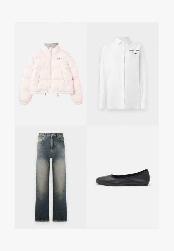 Heledad roosa lühike puffjakki kõrge kraega, ees lukk, elastsed varrukad, küljetaskud ning väike broderylogoga vasakul rinnal.; Valge pika varrukaga särk nööbiga, millel on krae ja must tikandiga tekst "Moschino Jeans" vasakul ülal rinnas.; Kõrge vöökohaga sirged teksad, millel on pleekinud heleda ja tumeda denimi pesu ning klassikaline viie-tasku disain.; Musthave mustika tantsutossud mustast nahast, ümmarguse varbaga, siledast tekstuurist, minimaalse õmblusdetailiga ja paindliku tallakujundusega.