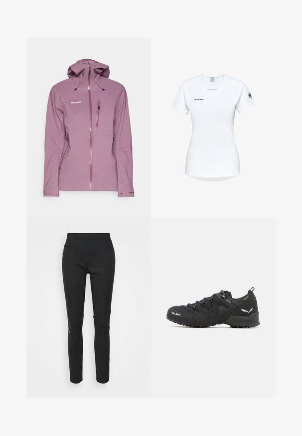 Mammut GUIDE HOODED - Hardshelljacka - flux; Kortärmad vit träningsskjorta med rund halsringning, försedd med en logotyp på bröstet och en slät, lätt tygkvalitet.; Svarta idrotts leggings med hög midja, slät textur, logotypdetalj och sidopaneler för ökad visuell intress.; Svarta vandringsskor med ett texturerat tygöverdrag, snörningssystem och slitstark gummisula. Prydda med reflekterande detaljer och logotyper.