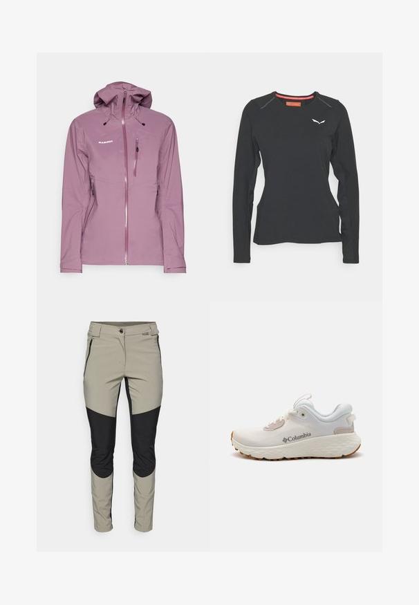 Mammut GUIDE HOODED - Veste Hardshell - flux; Salewa PEDROC DRY TEE W. - T-shirt à manches longues - black out; Pantalons légers et respirants en beige et noir avec une coupe ajustée, des zips sur les côtés et des accents de panneaux contrastants au niveau des genoux.; Chaussure de sport Columbia légère en mesh blanc avec une semelle texturée grise et une traction en caoutchouc. Dotée d'un collier rembourré et d'un design à lacets.
