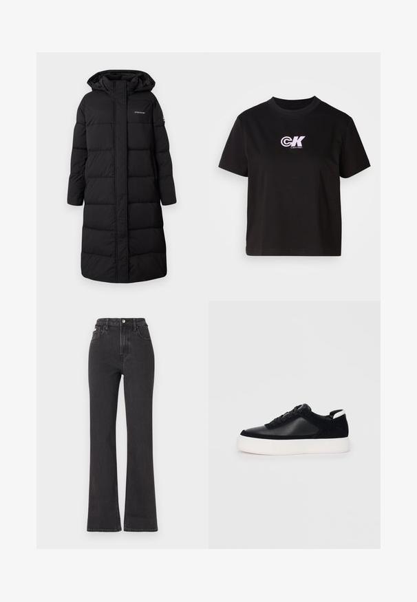 Casaco puffer preto, até aos joelhos com capuz, design acolchoado, apresentando um fecho frontal e um logo no peito. Tecido texturizado e isolante.; T-shirt de algodão preto com decote redondo e mangas curtas. Apresenta um logo "CK" em branco e rosa na parte superior esquerda do peito.; Jeans flared pretos de cintura alta feitos de denim, com fecho de botão, passadores para cinto e bolsos laterais. Textura suave com desbotamento mínimo.; Sapatilha preta com painéis de pele lisa e camurça, atacadores planos, bico arredondado e sola de borracha branca. Logótipo distinto no calcanhar.