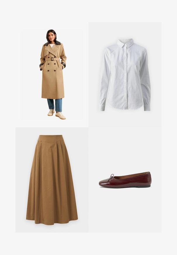 Bežinis trenčkotas su dvigubu mygtukų uždarymu, juodu apykakle ir rankovių akcentais, su diržu juosmenyje ir šoninėmis kišenėmis, derinamas su šviesiomis džinsomis ir sportiniais bateliais.; Balta marškinėliai su mygtukais, pagaminti iš lygios medvilnės, su klasikiniais apykaklės, ilgomis rankovėmis ir lenktu kraštu. Mygtukai maži ir balti.; Ruda medvilninė A formos sijonas su aukštu liemeniu, puikuojantis klostėmis priekyje ir lygia tekstūra. Apdailos kraštai yra švarūs ir paprasti.; Bordo lakiotos odos baleto bateliai su apvalia nosimi, maža kaspinėlio akcentu priekyje ir žema juoda guma padanga. Lygi tekstūra.