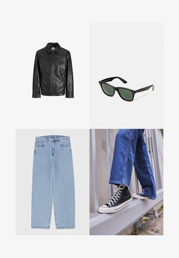 Musta nahkatakki, jossa on vetskari etupuolella, terävä kaulus ja pitkät hihat. Siinä on sauman yksityiskohtia ja sileä pinta.; Valkoinen puuvillainen hihaton paita, jossa on pyöreä kaula-aukko, leveät olkaimet ja suora helma. Paidan tekstuuri on sileä, eikä siinä ole näkyviä kuvioita.; Vaaleansiniset farkut suoran lahkeen muotoilulla, joissa on puolivälin vyötärö, viisi taskua sekä nappi- ja vetoketjusuljenta.; Mustat high-top tennarit valkoisella pohjalla ja nauhoilla, yhdistettynä väljään sinisiin farkkuihin, lepäävät harmaalla kaiteella.; Mustat muoviset aurinkolasit, joissa on vihreät linssit, neliönmuotoiset kehykset, hopeinen yksityiskohta kulmakarvojen kohdalla sekä tekstuuriset temppeleiden varret. Brändi ilmoitettu sisävarsissa.