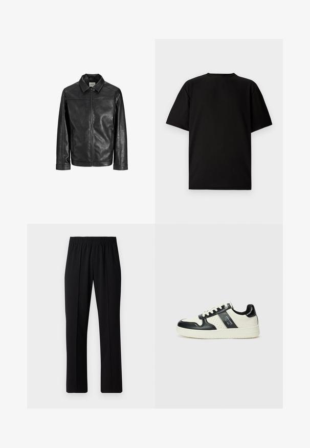 Veste en cuir noir avec fermeture éclair à l'avant, col pointu et manches longues. Présente des coutures et une texture lisse.; T-shirt noir à manches courtes en tissu côtelé. Présente un col rond et une coupe décontractée avec une texture lisse. Vue arrière uniquement.; Pantalons noirs à taille élastique avec une coupe droite, présentant une texture lisse et sans motifs ni éléments visibles.; Baskets en cuir avec un schéma de couleurs noir et crème, dotées d'accents perforés, d'un col rembourré et d'une semelle texturée.