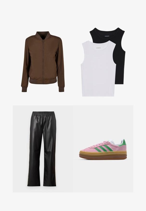 Brązowa kurtka bomberka z zamkiem z przodu, ściągaczami przy mankietach i dole. Wykonana z gładkiego, lekkiego materiału z bocznymi kieszeniami.; Dwie bezrękawniki w kolorze czarnym i białym, wykonane z prążkowanej bawełny, z okrągłymi dekoltami i dopasowanym fasonem. Widoczne etykiety na obu.; Czarne spodnie z sztucznej skóry z elastycznym pasem, prostą nogawką i kontrastującymi bocznymi paskami. Gładka faktura i minimalistyczny styl.; Różowe zamszowe sneakersy z zielonymi paskami, białymi akcentami i brązową gumową podeszwą. Posiadają teksturowany materiał i detale logo po boku.