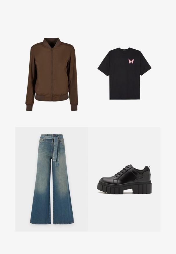 Hnědá bomber bunda se zipem vpředu, pletenými manžetami a lemem. Vyrobena z hladkého, lehkého materiálu a má boční kapsy.; Černé bavlněné tričko s krátkým rukávem, na levém prsou s malou grafikou růžové motýlky. Design s kruhovým výstřihem a volným střihem.; Džínové kalhoty širokého střihu s přechodem od světlé k tmavě modré, vysokým pasem, poutky na opasek a odpovídajícím opaskem ze stejného materiálu. Texturovaná džínovina.; Černé kožené platformové boty s masivním blokovým podpatkem, kulatou špičkou a tradičním šněrováním. Mají hladký povrch a minimální detaily.
