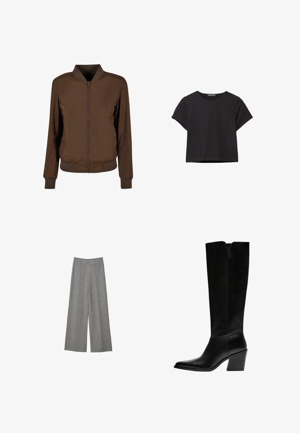 Hnědá bomber bunda se zipem vpředu, pletenými manžetami a lemem. Vyrobena z hladkého, lehkého materiálu a má boční kapsy.; Černý krátký rukávový crop top z měkké látky, s kulatým výstřihem a volnějším střihem s rovnou spodní částí.; Šedé kalhoty s širokými nohavicemi a texturovanou tkaninou. Obsahují sklady vedené podél přední části, pas a žádné viditelné zapínání.; Černé kozačky po kolena vyrobené z hladké kůže, s špičatou špičkou, blokovým podpatkem a výřezem ve tvaru V na vrchu.