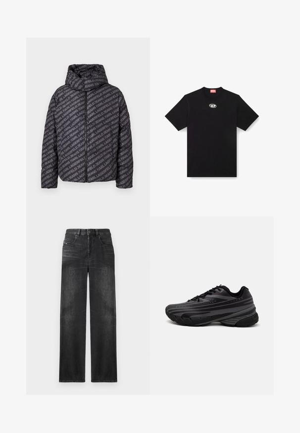 Melna pūšļa jaka ar kapuci, kurai ir pelēka "KARL JEA" teksta raksts visā jēkā, ar rāvējslēdzēja aizdari un elastīgām piedurknēm. Viegls, izšūts dizains.; Melnas kokvilnas T-krekls ar apaļu kakla izgriezumu un īsām piedurknēm. Uz priekšpuses centrā ir neliels, sudraba krāsas noslēpuma logotips izšūts.; Melni taisni denim džinsi ar piecām kabatām, jostu cilpām un viegli izbalējušu audumu, kas piešķir struktūru.; Melnas skriešanas kurpes ar teksturētu virsu, kurai ir pelēkas svītras. Biezs zole nodrošina amortizāciju, apaļa purngalu un plakanas šņorītes, lai nodrošinātu drošu piegulšanu.