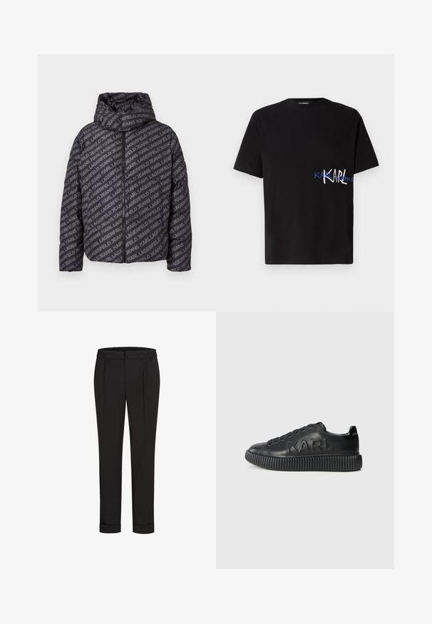 Juodas pūkinis džinsas su kapišonu, puoštas viso paviršiaus pilku "KARL JEA" tekstu, su užtrauktuku, ir elastingais rankogaliais. Lengvas, siuvinėtas dizainas.; Juodas medvilninis marškinėliai trumpomis rankovėmis, su grafikiniu dizainu, kuriame ant kairiojo šono užrašyta "KARL" balta ir mėlyna spalvomis. Apvalaus kaklo stilius.; Juodi kelnių su elastinga juosmena, tiesaus kirpimo ir sukurtomis rankovėmis. Pagaminti iš lygaus, audinio be raštų.; Juoda sneaker'iai, pagaminti iš lygios odos, su storu rakteliais dekoruotu padu ir iškilmingu prekės ženklu. Klasikinis batų raištelių modelis su apvaliais akių skylutėmis.