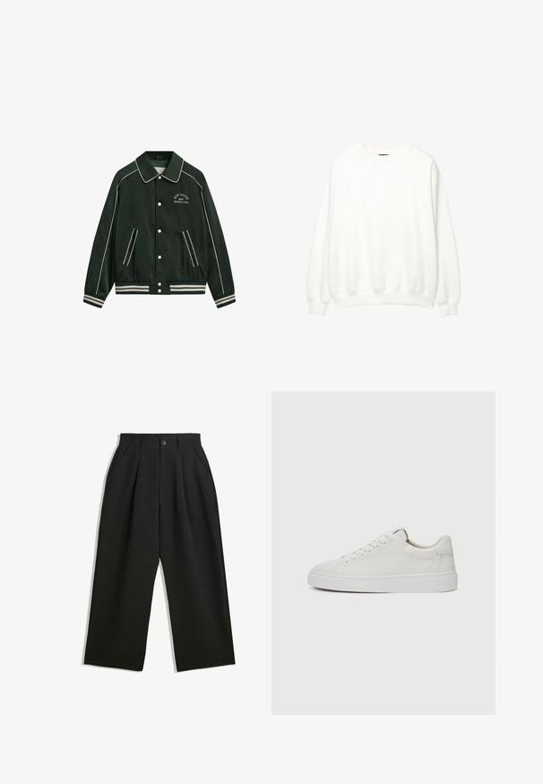 Zöld bombázó dzseki nagy gallérral, fehér díszítéssel, és a mellkason hímzett "New Haven Gant Sports Club" felirattal. Csíkozott mandzsettákkal és zsebekkel rendelkezik.; Fehér pulóver, kerek nyakkivágás, hosszú ujjak, laza szabású. Puha anyag ribbelt mandzsettákkal és szegéllyel. Minimalista dizájn, látható logók vagy minták nélkül.; Fekete, lazán szabott nadrág, elöl redőkkel, oldalsó zsebekkel és gombzárral. Texturált anyagból készült.; Fehér bőr, alacsony szárú sportcipő kerek orral, lapos fehér gumitalppal és minimalista varrási részletekkel. A fűzők hat szemre fűzve.