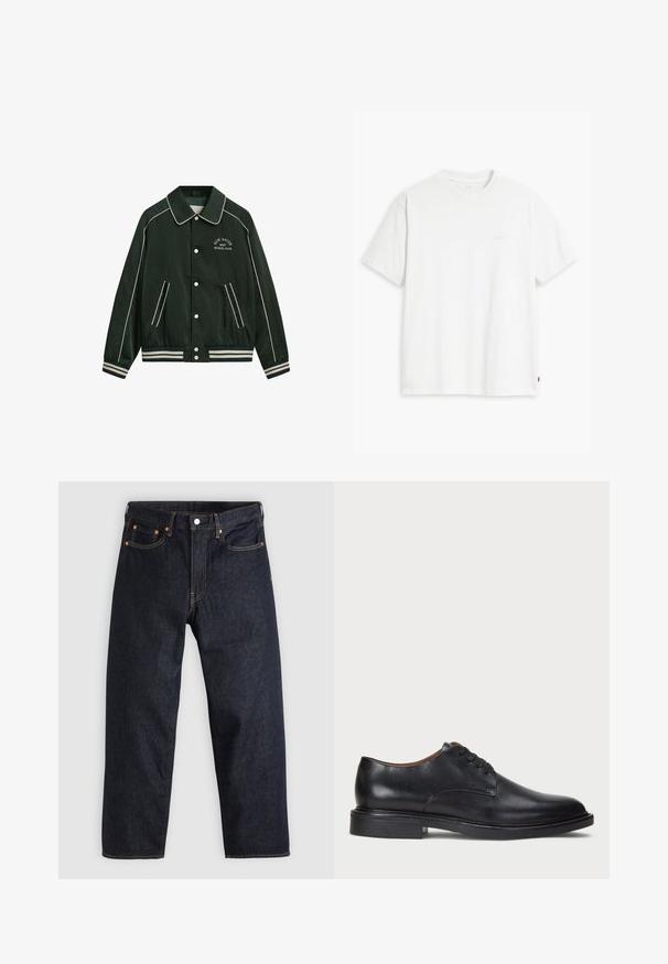 Vihreä pommikauko, jossa on suuri kaulus, valkoinen huolittelu ja rinnassa brodeerattu "New Haven Gant Sports Club". Ominaisuuksiin kuuluvat raidalliset hihansuut ja taskut.; Valkoinen puuvillainen t-paita, jossa on lyhyet hihat, pyöreä pääntie ja etupuolella vaalealla värillä painettu hillitty "Levi's"-logo.; Tummansinisiä farkkuja, joissa on suora leikkaus, viisi taskua, kontrastiväriset oranssit tikkaukset ja napitus. Ei näkyviä kuvioita tai koristeita.; Musta nahkakenkä, jossa on pyöreä varvas, nauhakiinnitys ja matala tukipohja. Tasainen pinta, jossa on minimaalinen ommeltu yksityiskohta.