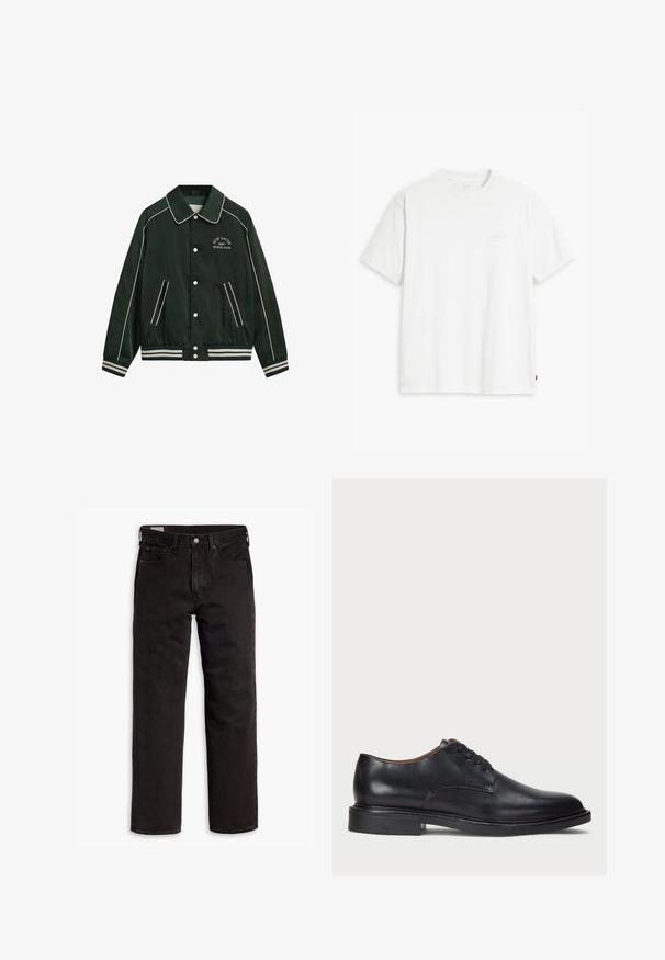 Jachetă bomber verde cu un guler mare, detalii albe și broderia "New Haven Gant Sports Club" pe piept. Dispune de manșete șerpuite și buzunare.; Tricou alb din bumbac, cu mâneci scurte, decolteu rotund și un logo discret „Levi's” imprimat într-o culoare deschisă pe partea din față.; Jeans din denim negri cu picior drept, cu cinci buzunare, închidere cu nasture și bucle pentru curea, așezați plat pe un fundal alb.; Pantofle din piele neagră cu vârful rotund, design cu șireturi și toc jos stratificat. Textură netedă cu detalii de cusătură minime.