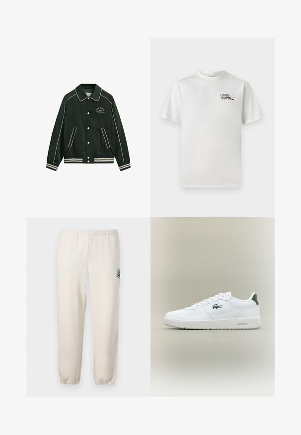 Groene bomberjack met een grote kraag, witte bies en "New Haven Gant Sports Club" geborduurd op de borst. Voorzien van gestreepte manchetten en zakken.; Witte katoenen T-shirt met een ronde hals, korte mouwen en een klein geborduurd logo met bergen en tekst op de linkerborst.; Lichtbeige sweatpants van katoen, met een elastische tailleband, geribde boorden en een groen logo met een bladerenontwerp op het linkerpand.; Witte leren sneaker met een gladde afwerking, groene accenten op de hak en een groen logo aan de zijkant. Beschikt over een platte zool en een ronde neus.