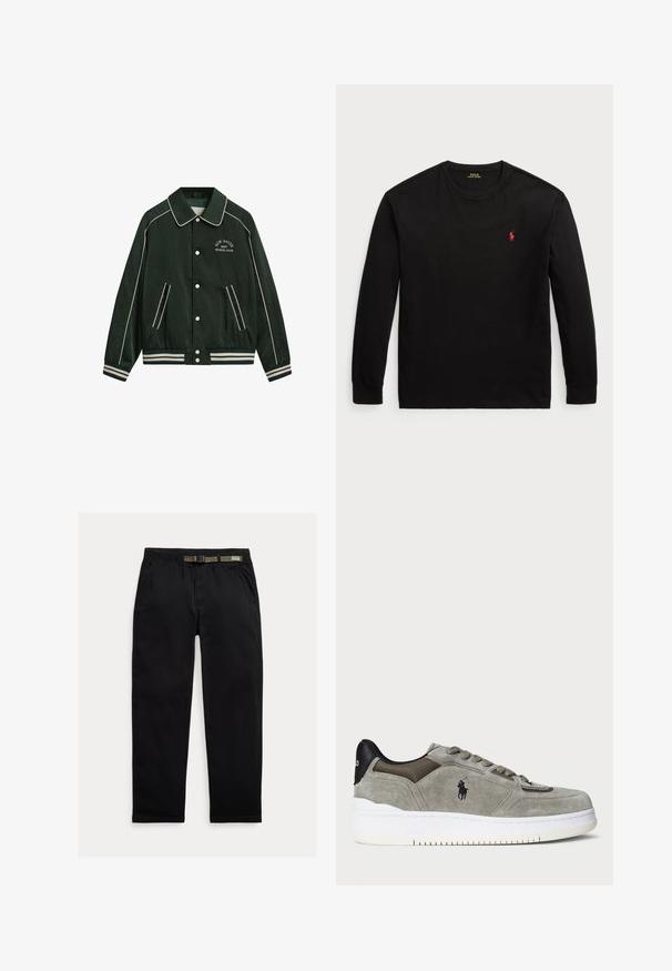 Green bomber jacket with a large collar, white piping, and "New Haven Gant Sports Club" embroidered on the chest. Features striped cuffs and pockets.; Black long-sleeve t-shirt made of cotton. Features a crew neck, ribbed cuffs, and a small red embroidered logo on the chest. Smooth texture.; Black pants made of lightweight fabric, featuring an elastic waistband with an integrated green belt, straight-leg cut, and side pockets.; Gray suede sneaker featuring a textured upper, contrasting black heel, white sole, and embroidered logo. Lace-up design with six eyelets.