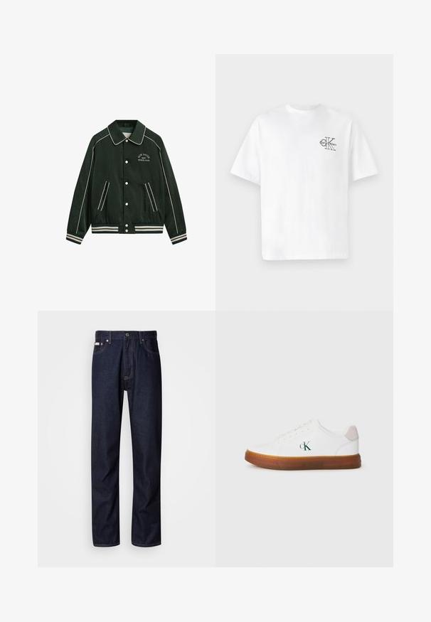Roheline pommertagi suurte krae, valgete äärtel ja "New Haven Gant Sports Club" tikandiga rinnal. Omab triibulisi mansette ja taskuid.; Valge puuvillane T-särk lühikeste varrukatega, ümmarguse kaelusega, mille vasakul rinnal on must CK logo, tavaprofiil, sile tekstuur.; Tumed sinine denimist teksapüksid sirge sääre disainiga, mis on varustatud nööbiluku, viie tasku ja kontrastsete õmblustega detailidega.; Valged madalad spordijalatsid pruuni poolläbipaistva tallaga ja rohelise "cK" logoga külgedel, millel on paelad ja sametist kandepadi.
