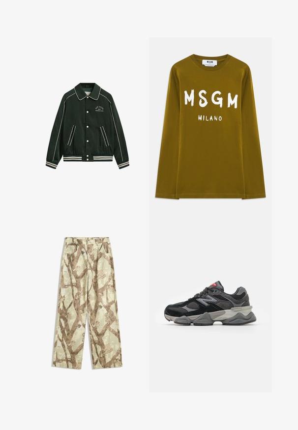 Zöld bombázó dzseki nagy gallérral, fehér díszítéssel, és a mellkason hímzett "New Haven Gant Sports Club" felirattal. Csíkozott mandzsettákkal és zsebekkel rendelkezik.; Olíva zöld, hosszú ujjú pamut póló, elöl nagy fehér "MSGM" és "MILANO" felirattal.; Könnyű anyagból készült, világos zöld árnyalatú nadrág, amely barna faág mintázattal, széles lábakkal és két elülső zsebbel rendelkezik.; Fekete és szürke sportcipő, amely velúr és hálós anyagok keverékéből készült, vastag talppal, hangsúlyos logóval és piros akcentussal a nyelvén.