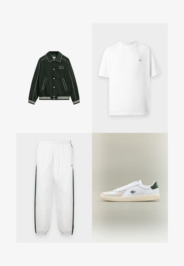 Zelená bomber bunda s veľkým golierom, bielym lemovaním a vyšitým nápisom "New Haven Gant Sports Club" na hrudi. Má pruhované manžety a vrecká.; Biely bavlnený tričko s okrúhlym výstrihom a krátkymi rukávmi. Obsahuje malú čiernu značku Lacoste na ľavej strane hrudníka.; Biele športové nohavice s tmavozelenými bočnými panelmi. Ľahký materiál, elastický pás a sťahované lemy. Obsahujú sieťovinovú textúru na bočných paneloch.; Biele tenisky s zelenými akcentmi, vyrobené z semišu a kože, s guľatou špičkou, textúrovanou podrážkou a vyšitým logom na boku a jazyku.
