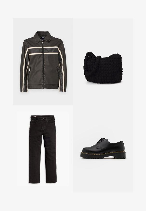 Dark gray synthetic jacket with a pointed collar, white horizontal stripes, long sleeves, and two zippered pockets. Smooth texture.; Black tank tops in a pack of three. Ribbed texture, standard crew neckline, no sleeves. Hem features small brand logo at the bottom.; Black straight-leg denim jeans with five pockets, button closure, and belt loops, laid flat on a white background.; Black leather lace-up shoe with a rounded toe, textured rubber sole, and yellow stitching around the base. Flat design and smooth finish.; Black fabric bag with a textured, quilted pattern. Rounded shape, short, thick handles, and a soft, flexible structure.