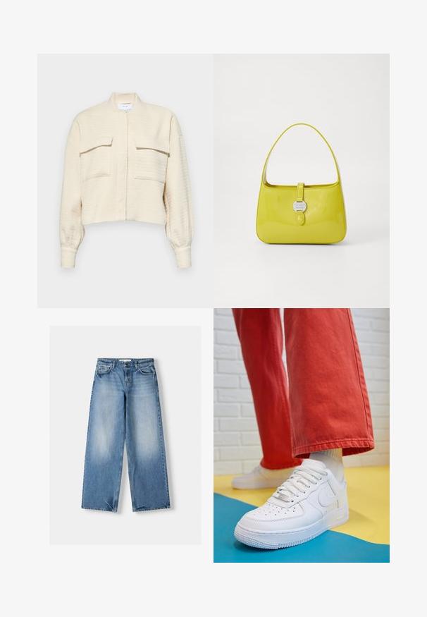 Skračená krémová bunda s texturovanou tkaninou, so zipsom vpredu, stojatým golierom a dvoma náprsníkmi s gombíkovými klapkami.; Biela kratká dámska tričko s krátkym rukávom vyrobené z mäkkej látky. Má okrúhly výstrih a jednoduchý, čistý dizajn so rovnými okrajmi.; Svetlomodré džínsy s voľným strihom, širokými nohavicami a vyblednutými časťami. Vyrobené z denimu s klasickým dizajnom piatich vreciek a zapínaním na horný gombík.; Biele kožené tenisky s perforovanou špičkou, textúrovanou podrážkou a bielymi šnúrkami, spárované so širokými červenými nohavicami na modrom a žltom pozadí.; Žltá lakovaná kožená kabelka so štruktúrovaným tvarom, horným držadlom a predným zacvakávacím uzáverom s kruhovým kovovým logom.