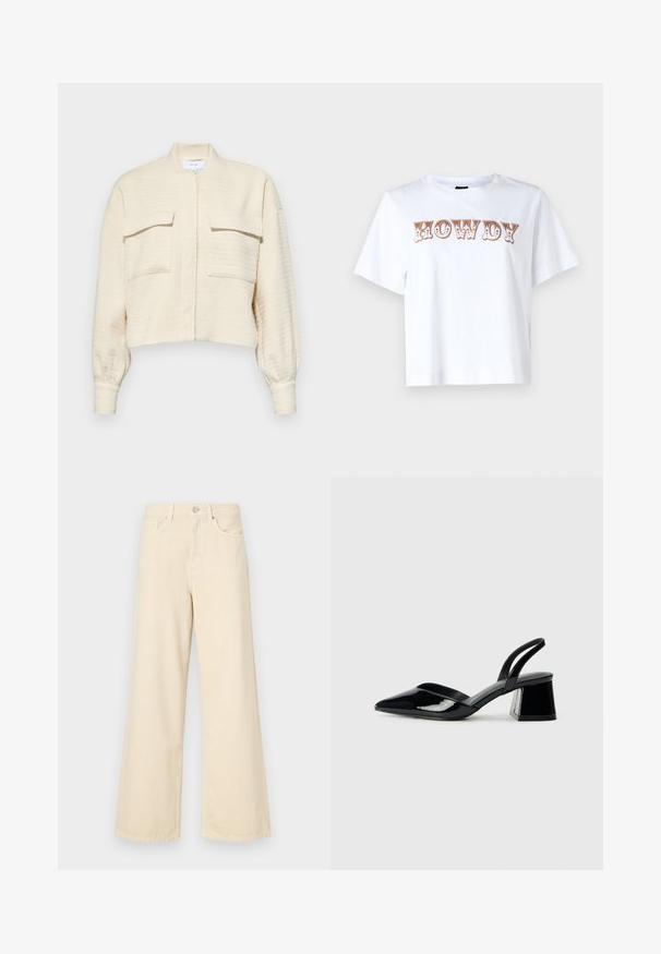 Lühendatud kreemi värvi jakk tekstureeritud kangast, millel on tõmblukuga esiosa, kõrge krae ja kaks rinnataskut nööpklappidega.; Valge puuvillane T-särk lühikeste varrukatega ja ümarate kaelustega, mille ees on stiliseeritud pruuni värvi kiri "HOWDY".; Bežid laiad teksad, mis on valmistatud puuvillast. Omab nööbilukku, vöökohakujusid ja eesmine taskuid, millel on sile ja pehme tekstuur.; Mustad musta lakknahk kingad, millel on terav varvas ja geomeetriline plokkkonts. Omab elegantselt minimalistlikku disaini ja sujuvat tekstuuri.