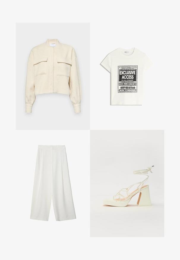 Giacca cropped crema in tessuto testurizzato, con chiusura a zip, colletto alto e due tasche sul petto con pattine a bottone.; Maglietta bianca con testo nero che promuove un evento musicale, con le scritte "Accesso Esclusivo", "Concerti Rock Indie" e "Esperienza Musicale da Superstar".; Pantaloni bianchi a gamba larga e cropped con una texture liscia, caratterizzati da una parte anteriore piatta e senza chiusure o tasche visibili.; Sandalo bianco con tacco alto, caratterizzato da un design a cinturini e un legaccio alla caviglia. Texture liscia con una piattaforma frontale per un'altezza aggiuntiva.