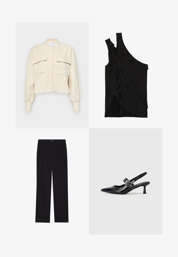 Rövidített krémszínű dzseki texturált anyagból, elől cipzárral, álló gallérral, és két gombos zsebbel a mellkasán.; Aszimmetrikus fekete top, puha anyagból, oldalsó fodrokkal és egyetlen pánttal. Sima textúra, drapált dizájnelemekkel.; Fekete kordbársony nadrág egyenes szabással, lapos derékkal és láthatatlan zsebekkel, sima textúrával és függőleges bordázással.; Fekete lakkbőr slingback sarkú cipők hegyes orral és kis blokk talppal, ezüst csat díszítéssel a pánton.