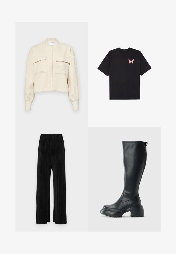 Jachetă scurtă crem dintr-un material texturat, cu fermoar frontal, guler în picioare și două buzunare pe piept cu clapete butonate.; Tricou negru din bumbac cu mâneci scurte, având pe partea stângă a pieptului un mic grafic cu un fluture roz. Design cu guler rotund și croială lejeră.; Pantaloni negri plisati cu talie elastică. Prezintă picioare largi și un material neted, texturat, cu dungi verticale.; Cizme lungi din piele neagră cu talpă platformă masivă și tocul pătrat, având un tab de tragere și un model texturat pe talpa exterioară.