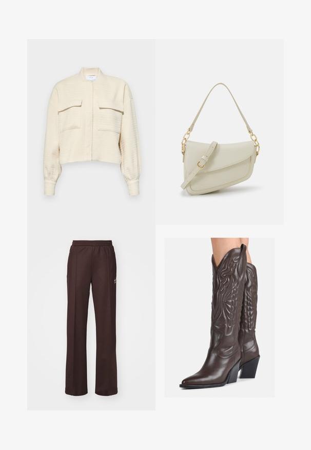 Skórzana kurtka w kolorze kremowym, o krótkim kroju i teksturowanej tkaninie, z zapięciem na zamek, stojącym kołnierzem oraz dwiema kieszeniami na piersi z klapkami na guziki.; Trzy topy na ramiączkach w kolorze miętowym, czarnym i beżowym; wykonane z prążkowanej tkaniny, z okrągłym dekoltem i bez rękawów. Widać metkę marki.; Brązowe spodnie sportowe z elastycznym pasem, dwoma bocznymi kieszeniami i małym logo po lewej stronie, wykonane z miękkiego materiału.; Brązowe skórzane kowbojki z noskiem w kształcie migdała i blokowym obcasem, z detalicznym przeszyciem i podniesionymi akcentami na cholewce.; Mała torebka w kolorze kremowym z teksturowanym wykończeniem, długim regulowanym paskiem, akcentem z łańcucha oraz zapięciem na klapkę. Wykończenia w kolorze złotym.; Srebrne kolczyki w kształcie obręczy z skręconym wzorem, z polerowanym wykończeniem i zapięciem na sztyft. Mają średnicę około 3 cm.